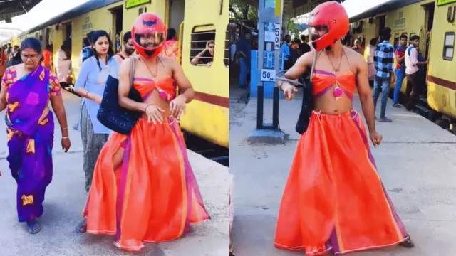 man-donning-lehenga-and-helmet-dances-on-bhojpuri-song-at-railway-station-viral-video-angers-internet